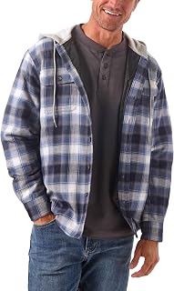 Wrangler Authentics Quilted Long Sleeve Hooded Flannel Jacket with Hem Button Down Shirt for Men