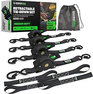 Rhino USA Retractable Ratchet Straps (4-Pack) - 1in x 10ft, Black | 1,209lb Break Strength, Auto Self Retracting Design. For Truck, Cargo Trailer, Motorcycle, ATV & UTV Tie Downs. Black