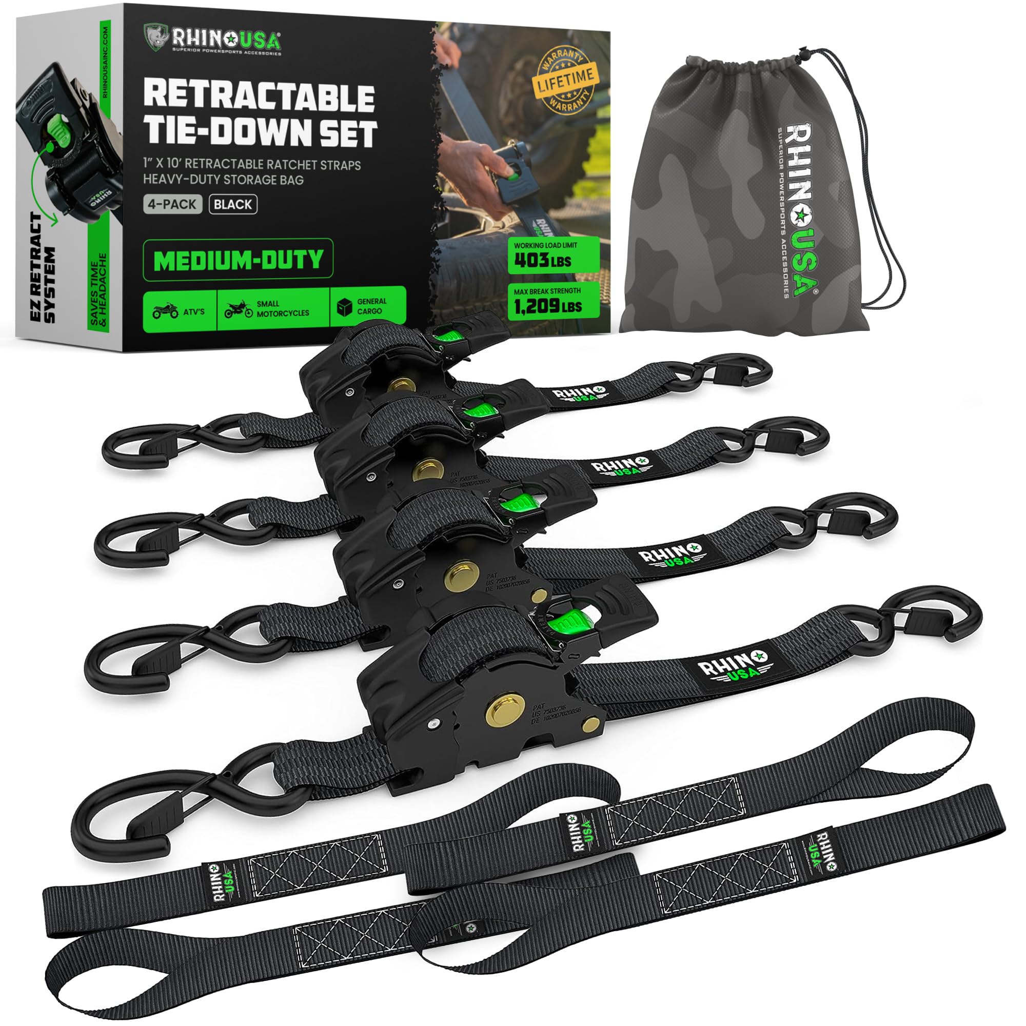 Rhino USA Retractable Ratchet Straps (4-Pack) - 1in x 10ft, Black | 1,209lb Brea