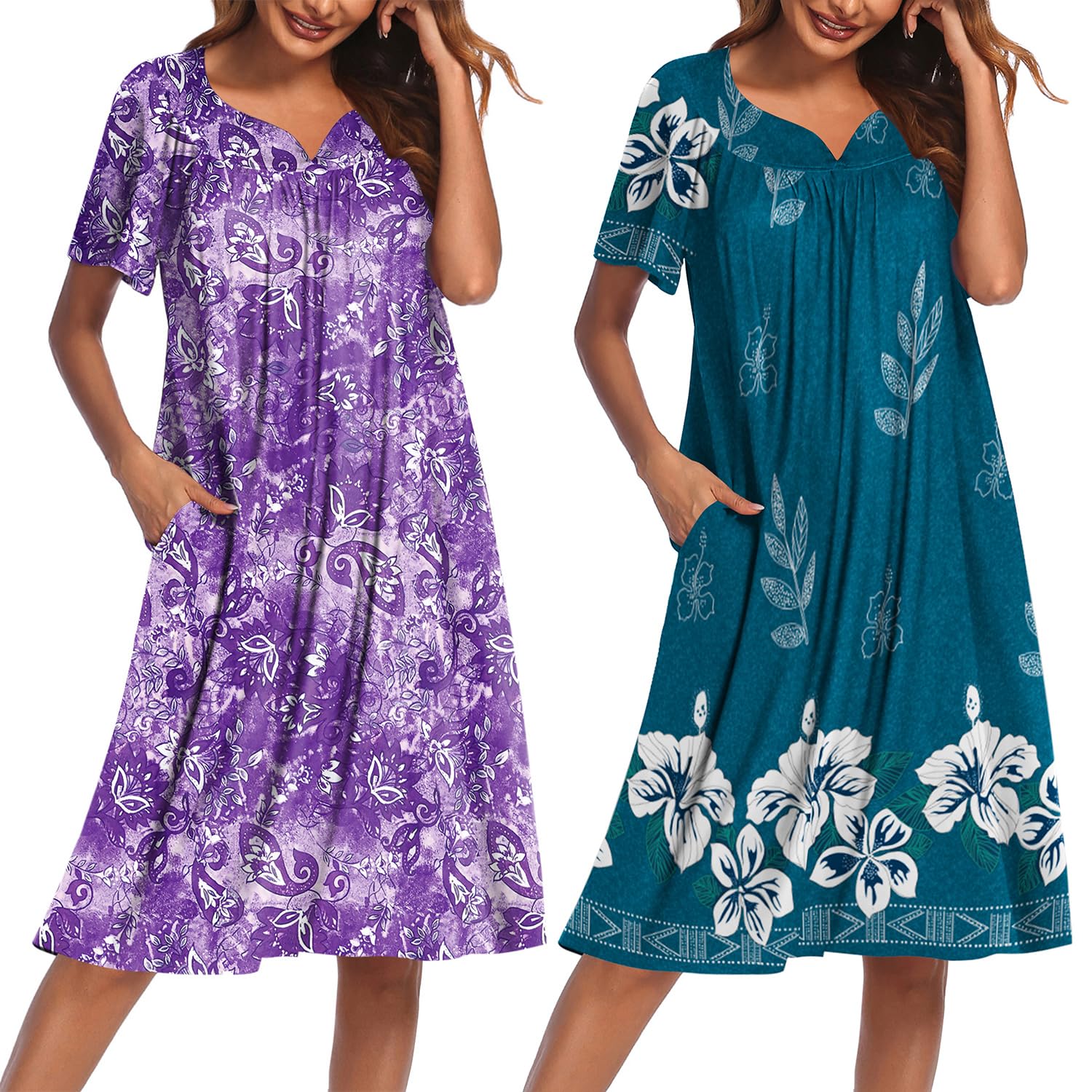 Ekouaer Moo Moos Women's Floral Print Short Sleeve Lounge Dresses with Pockets 2