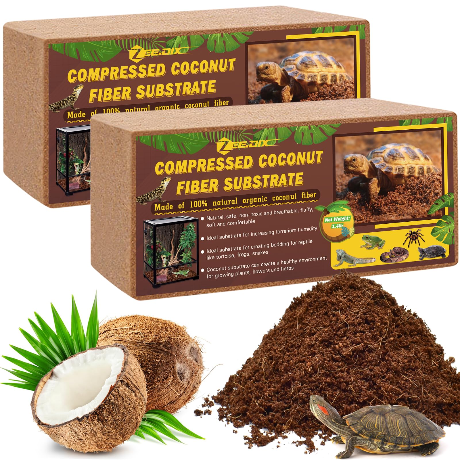 ZeeDix 2 Pack Coconut Fiber Substrate, Premium Coco Coir Reptile Substrate | 100