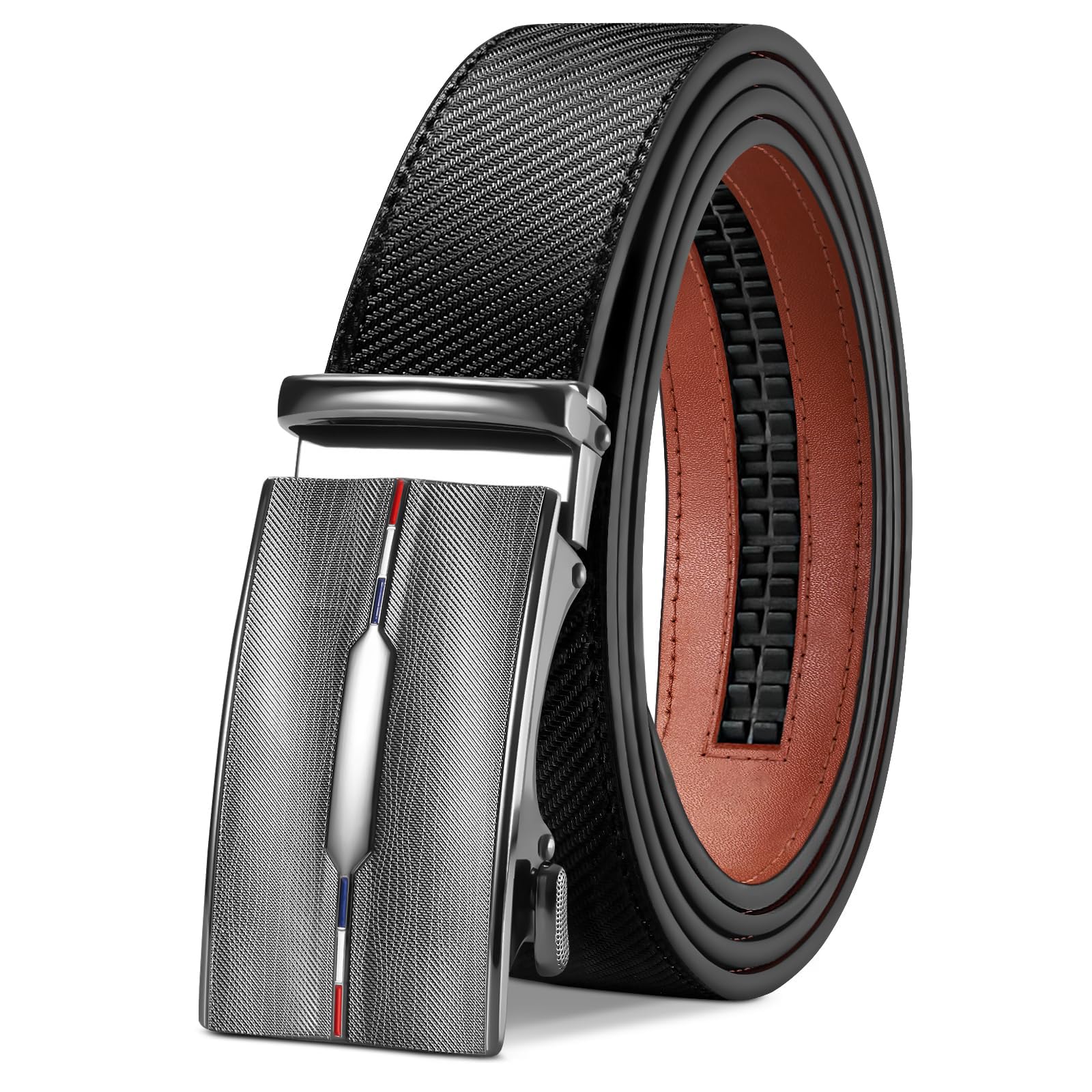Tangchao Men's Leather Belt with Ratchet, Automatic Buckle, Business Suit Belt, 