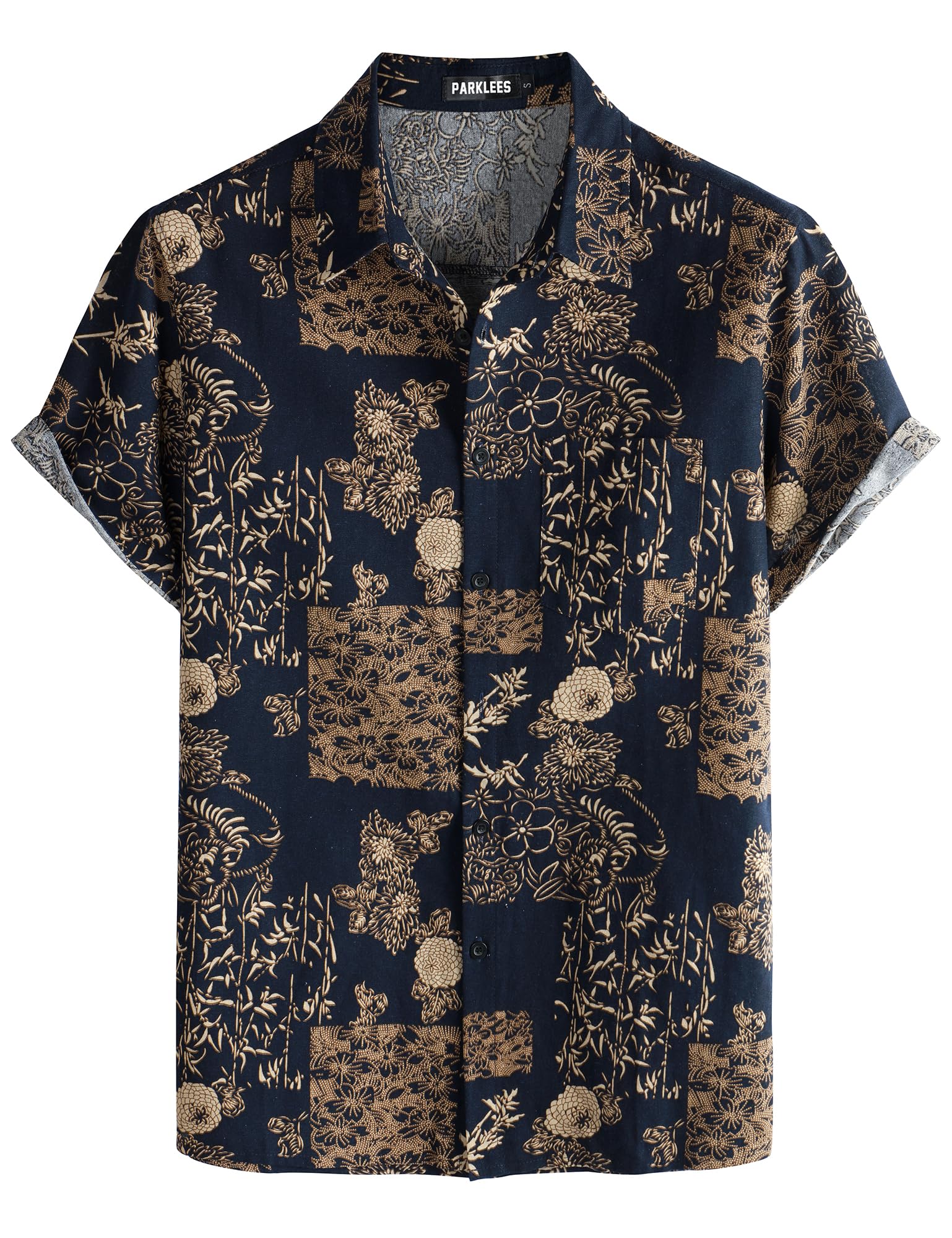 PARKLEES Mens Cotton Linen Shirt 70s Vintage Pattern Casual Short Sleeve Retro S