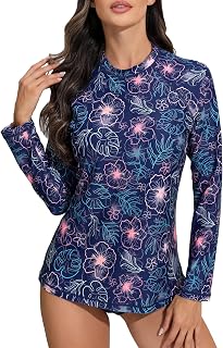 Halcurt Womens Long Sleeve Rash Guard Swim Top with Built in Bra UPF50+ Sun Protection Swim Shirts Quick Dry Swimsuit