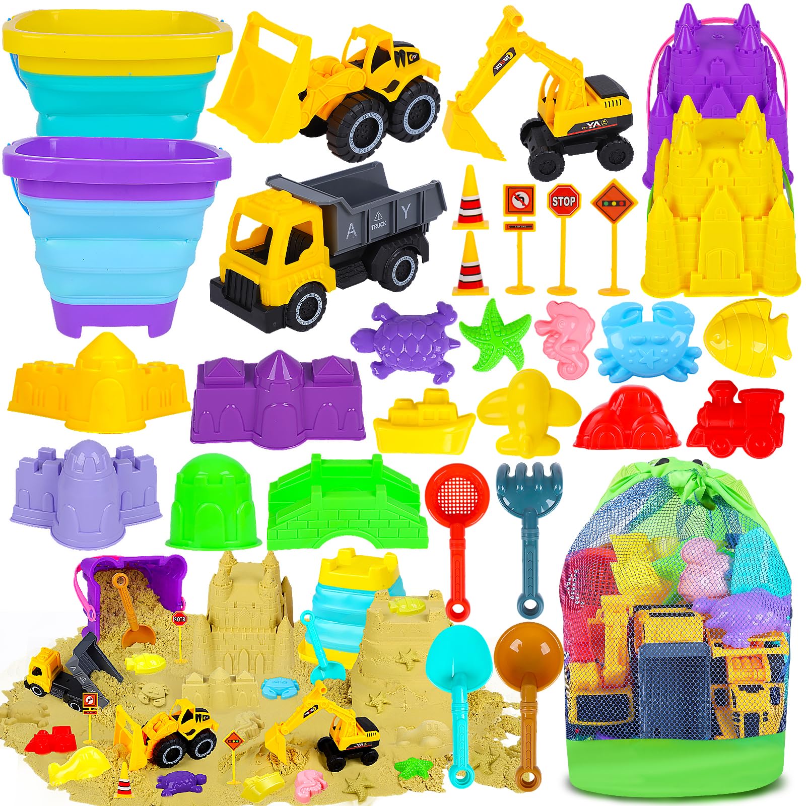 Beach Sand Toys for Kids - 31Pcs Sandbox Toy Set with 3 Trucks, 2 Collapsible Bu