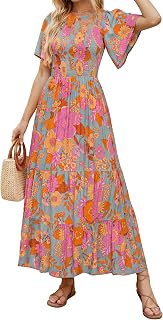 ZESICA Women's Summer Boho Floral Smocked Short Sleeve Maxi Dress