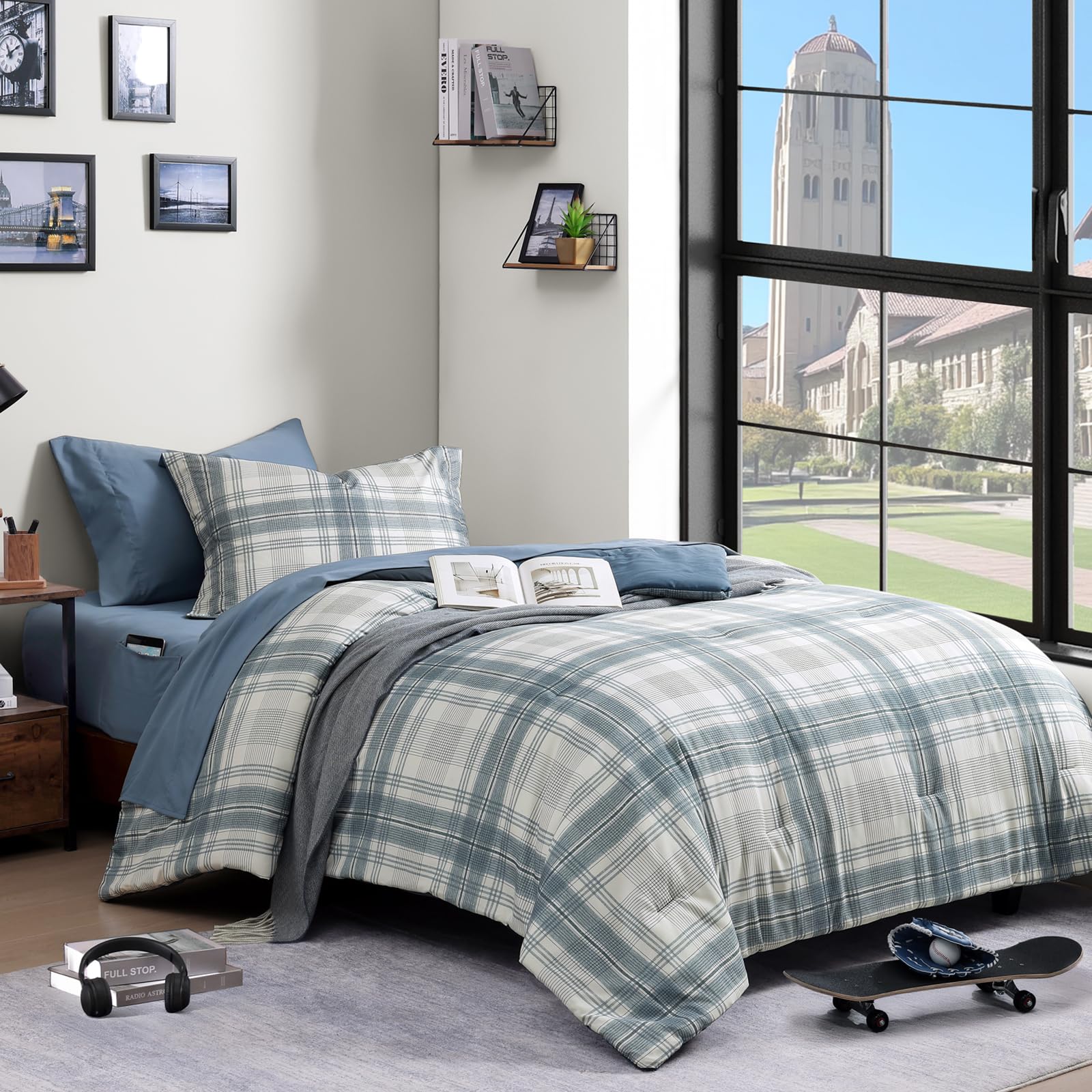 Plaid Twin XL Comforter Set Blue Grey 5 Pieces College Dorm Bed in a Bag