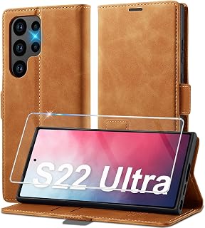 Ailicici Leather Case with Protective Film for Samsung Galaxy S22 Ultra, Foldable Leather Flip Wallet, Shockproof Cover Case, Flip Case for Samsung S22 Ultra 5G