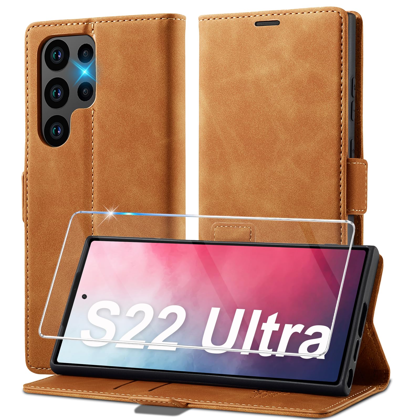 Ailicici Leather Case with Protective Film for Samsung Galaxy S22 Ultra, Foldabl