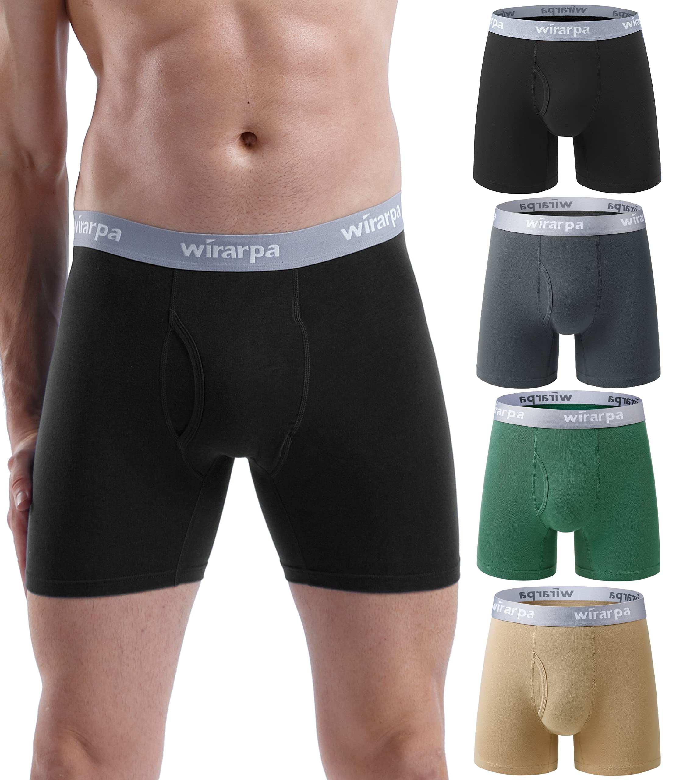 wirarpa Men's Cotton Boxer Shorts Elastic Comfortable Open Fly without Tag, Pack