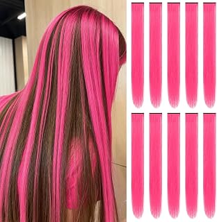 TOFAFA Pink Hair Extensions Clip in Colored Hairpiece Gift 10 PCS Hot Pink | 22 Inch Neon Pink Highlights Synthetic Long Straight Hair Pieces for Women Girls Halloween Cosplay Party Birthday Gifts
