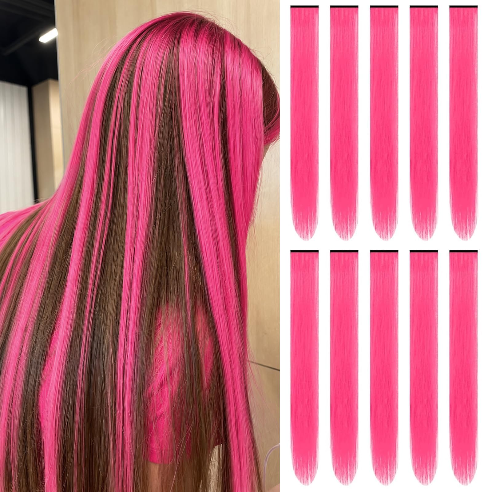 TOFAFA Pink Hair Extensions Clip in Colored Hairpiece Gift 10 PCS Hot Pink | 22 