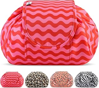 Vavabox Lazy Drawstring Makeup Bag, Flat Lay Cosmetic Bags (Red Wave) | Large Capacity Waterproof Storage Organiser, Portable Make Up Bags for Women Girl Holiday, Fold Out Lay Flat Design