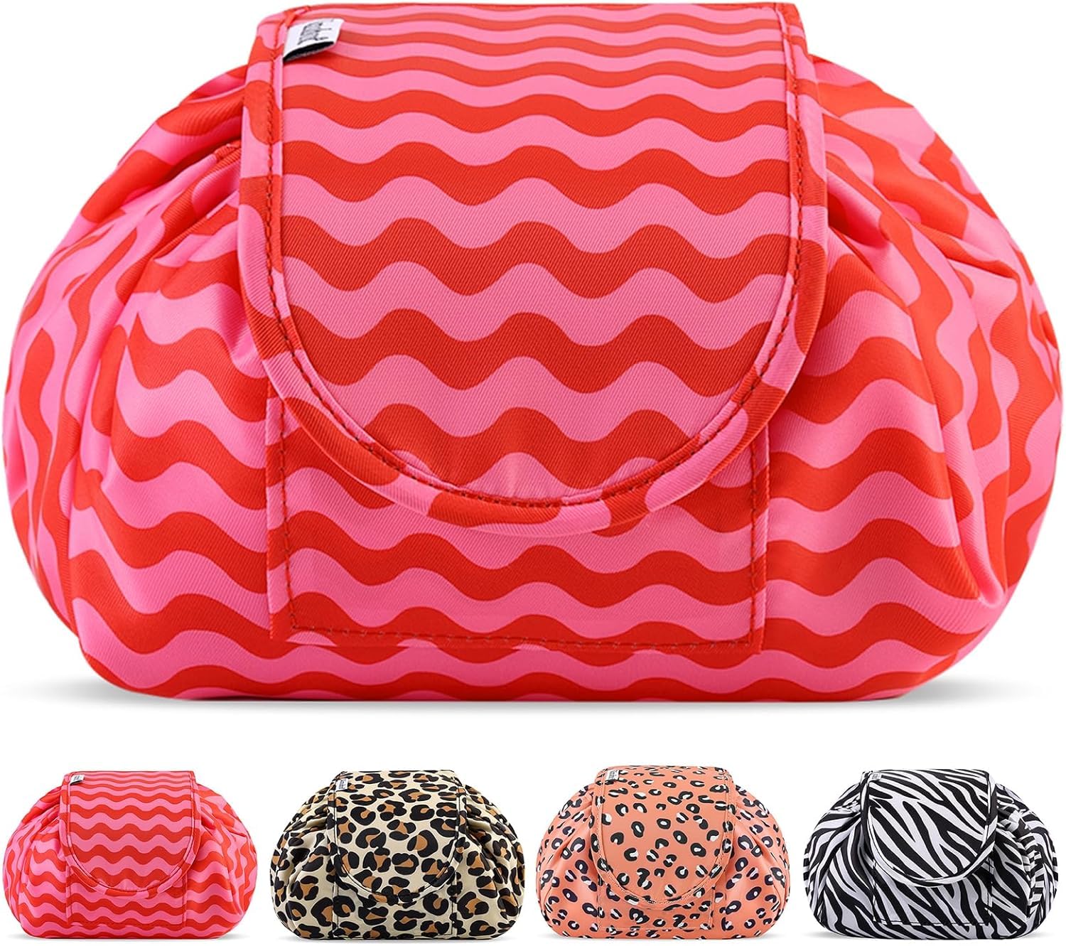Vavabox Lazy Drawstring Makeup Bag, Flat Lay Cosmetic Bags (Red Wave) | Large Ca
