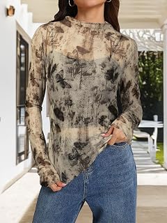 Women's Long Sleeve Mock Neck Lace Tops Sexy Floral Western See Through Blouse Sheer Mesh Shirt Party Clubwear