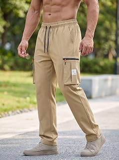 Mens Lightweight Elastic Drawstring Waist Cargo Pants Casual Pants with Zipper Side Pockets Yellow