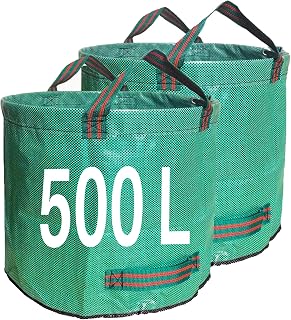 Singwow 500L Heavy Duty Garden Waste Bags, Reinforced Base Edge, 2 Pack | 140 g/m² woven PP bags with support hoops and four handles for bulky leaves and large seasonal garden cleanup.