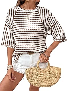 Dokotoo Womens Summer Tops Oversized Tshirts for Women Striped Color Block Short Sleeve T Shirts Crewneck Casual Tee Blouses