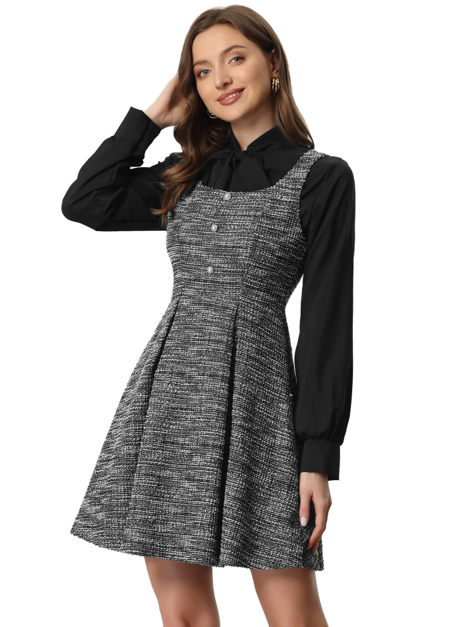 Allegra K Tweed Dress for Women's Pinafore Overall A-Line Plaid Tank Dress