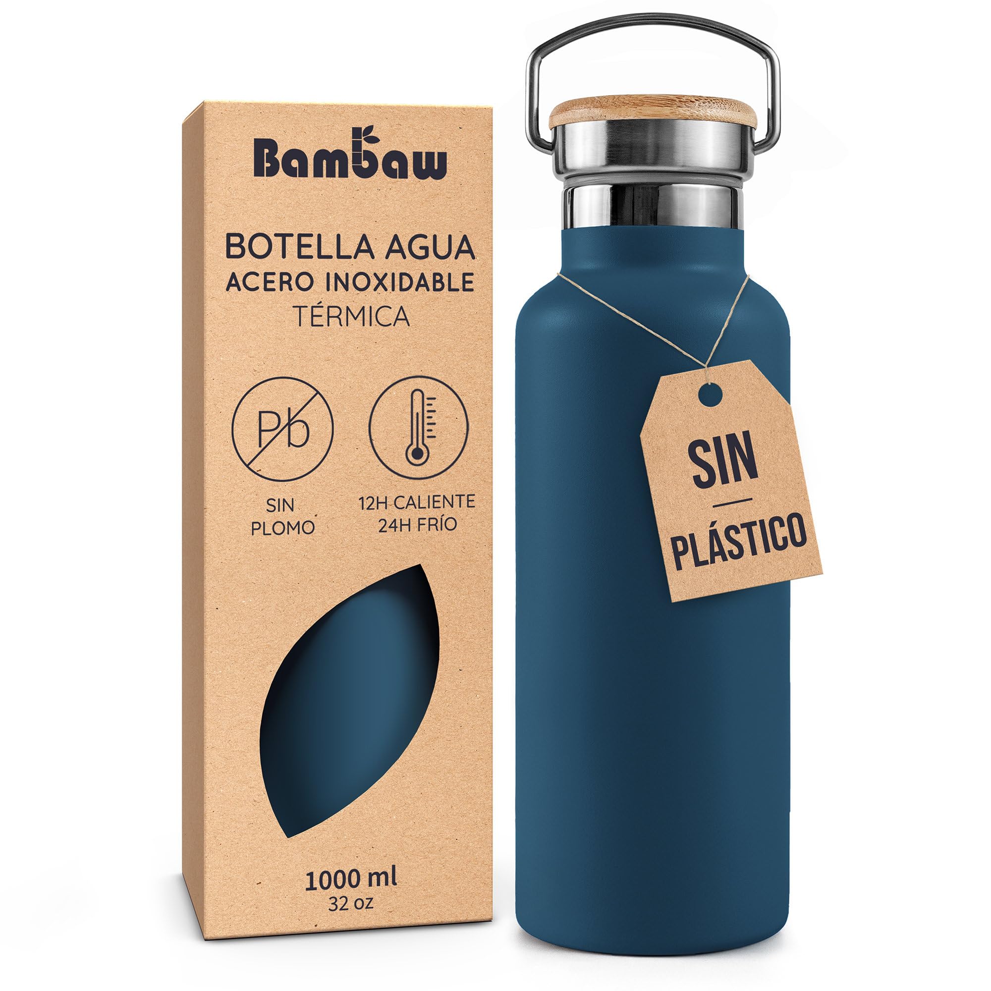 Bambaw Stainless Steel Water Bottle 1 Litre, Thermal Bottle 1 Litre for Cold and