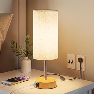 UPXNBOR Bedside Lamp, Touch Table Lamp for Bedroom, Living Room & Office | Desk Lamp with USB A+C Charging Ports, 3-Way Dimmable Touch Lamp, Warm Light, Linen Shade, 1.5 m Cable, E27 Incl., Wood Grain