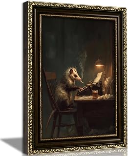 Vintage Gold Framed Typist Opossum Oil Painting Wall Art | Dark academia opossum typing on vintage typewriter, moody study scene, quirky cottagecore decor for study room bedroom office