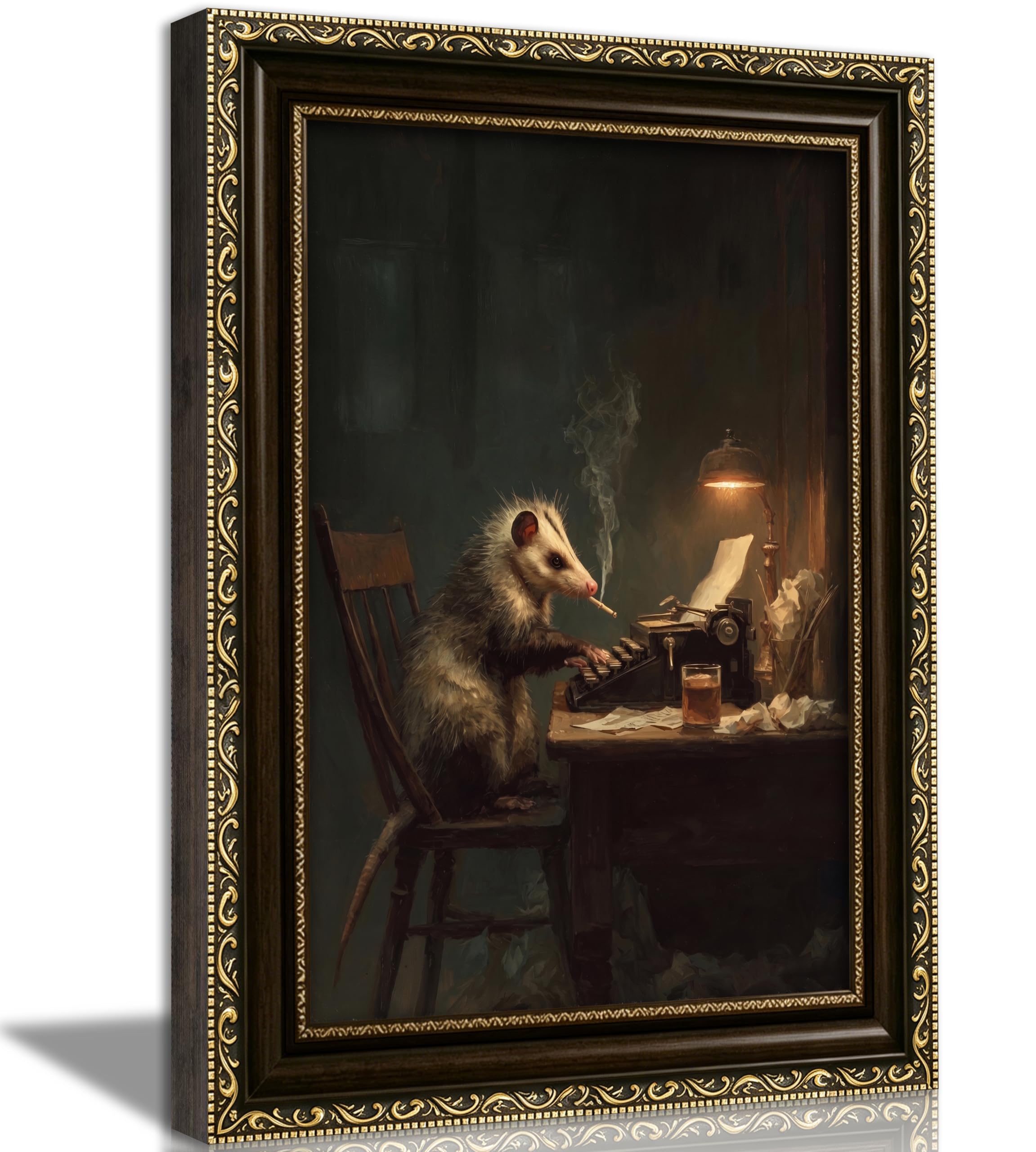 Vintage Gold Framed Typist Opossum Oil Painting Wall Art | Dark academia opossum