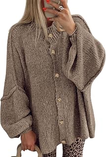 BTFBM Women's Plus Size Autumn Winter Outerwear Lantern Long Sleeve Button Down Chunky Knit Sweater Coats