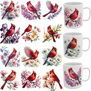 12pcs Red Cardinal Floral UV DTF Cup Wraps Transfer Waterproof Sticker for Glass Cups Furniture Craft DIY Crafts，Rub on Transfer Stickers for DIY Water Bottle Laptop Decal Wood Car