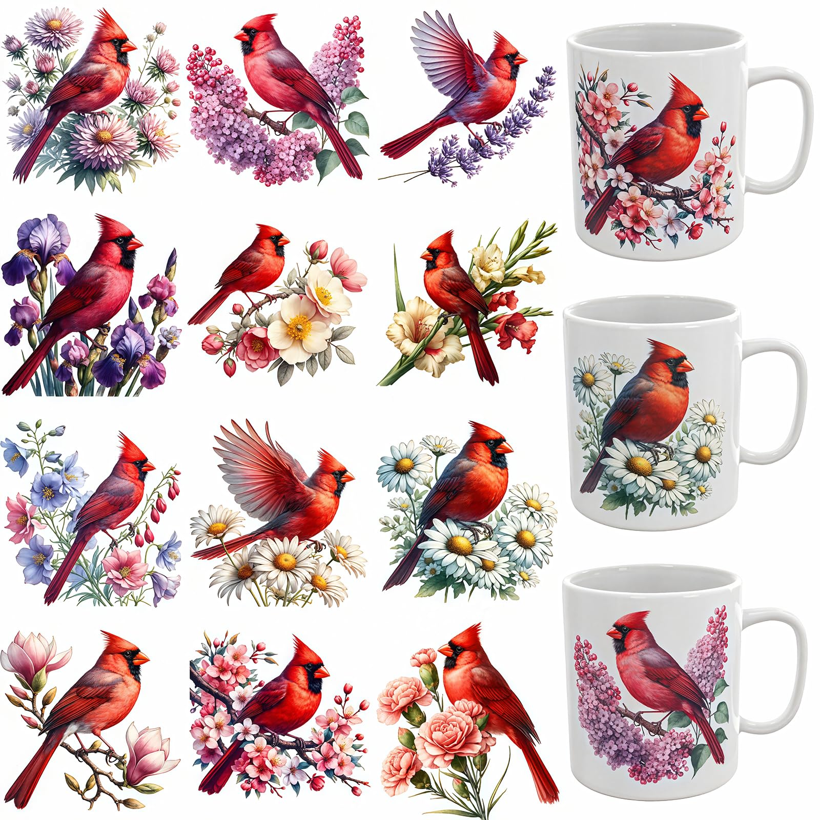 12pcs Red Cardinal Floral UV DTF Cup Wraps Transfer Waterproof Sticker for Glass