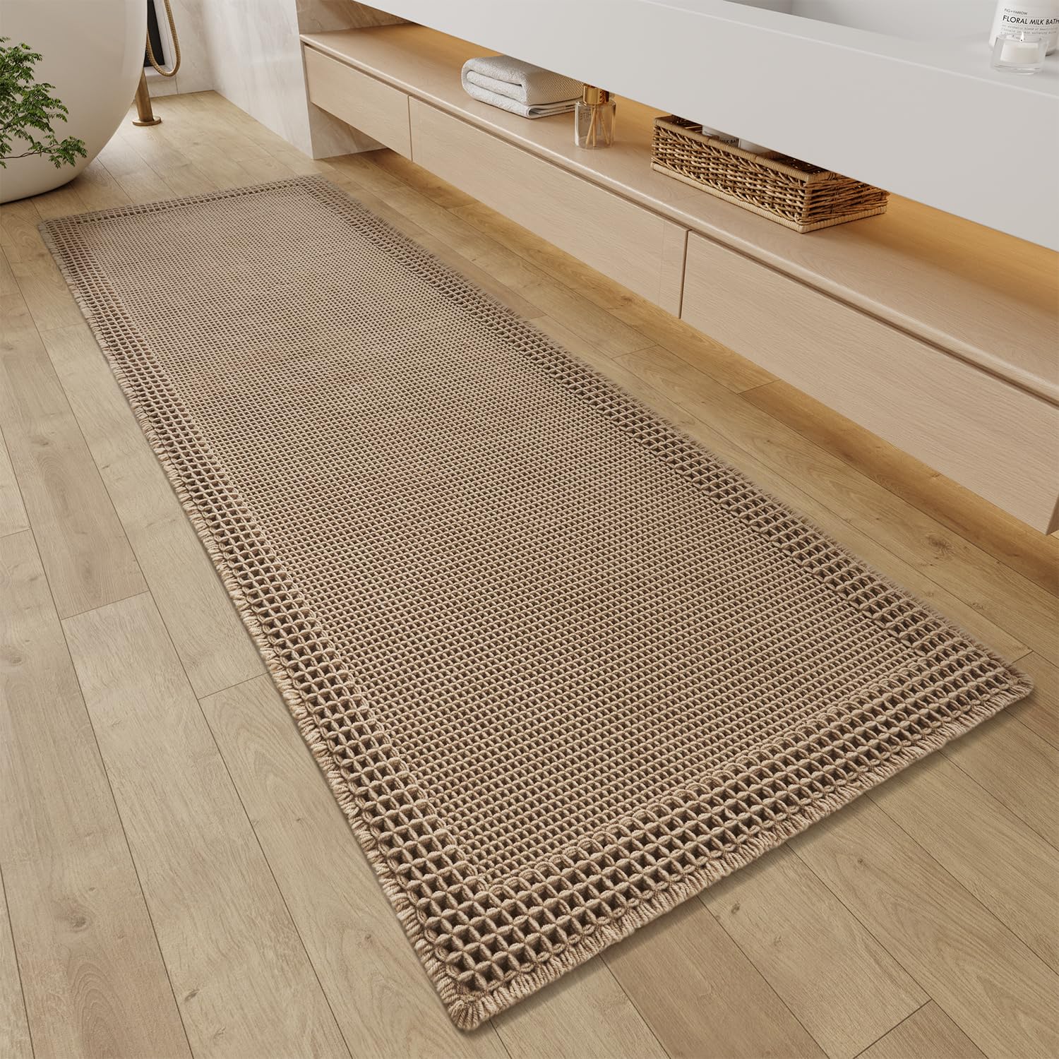 RESARE Waffle Bathroom Runner Rugs, Non Slip Boho Bath Mat 24"x72" Brown | Long 