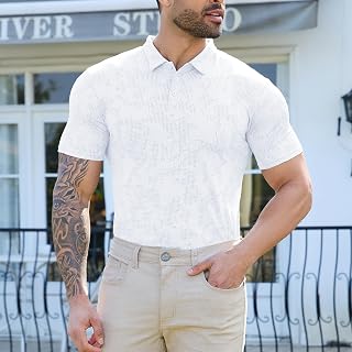 Mens Polo Shirt Quick Dry Moisture Wicking Golf Shirt Jacquard Mesh Classic Geometric Pattern Casual Business Wear