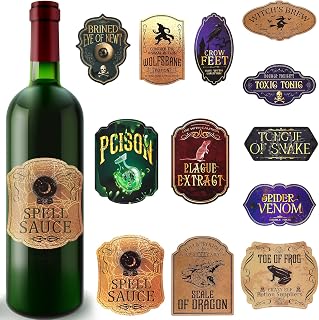 Sabary 48 Pcs Halloween Bottle Labels Apothecary Labels Wine Stickers | Vintage Poison Spell Designs, For Wine Jars Dinner Party Table, Witch Brew Theme Event Supplies, Self-adhesive Paper Labels