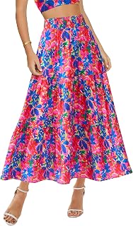 BTFBM Women Casual Summer Long Skirt High Waist Pleated Skirt Flowy Pockets
