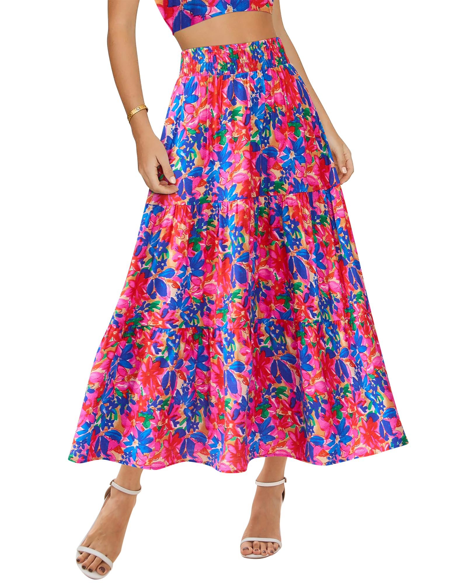 BTFBM Women Casual Summer Long Skirt High Waist Pleated Skirt Flowy Pockets