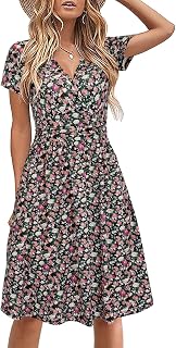 STYLEWORD Women Summer Dress Short Sleeve Summer Dress V Neck Floral Wrap Waist Casual Dress with Pockets