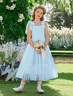 Girls Dress Summer Sleeveless Bow Tie Strap Birthday Party Long Tulle Dress
