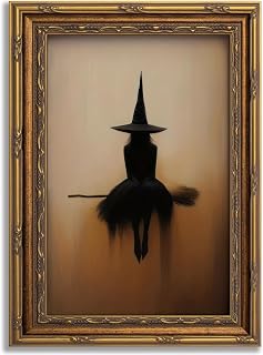 Cgglye Vintage Halloween Canvas Wall Art Witch on A Broom Wall Decor Gothic | Dark Academia Posters, Spooky Witchcraft Magic Painting Print Artwork for Living Room Bedroom Decor, Unframed