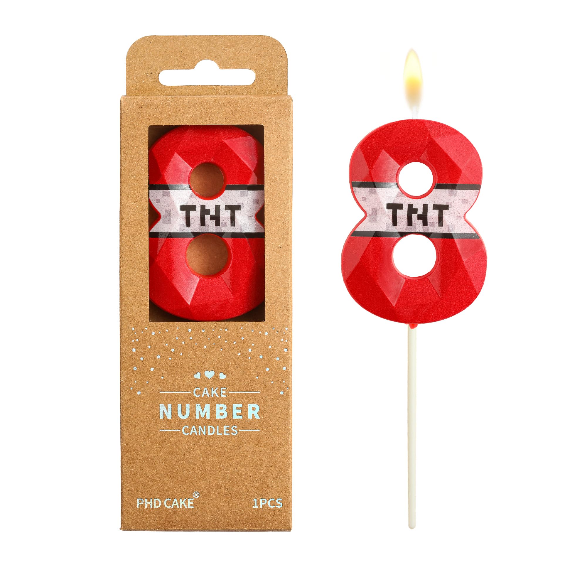 PHD CAKE 2.76 Inch Number 8 Red Pixel Gamer Birthday Candles, TNT Themed Number 