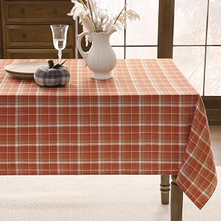 Romanstile Autumn Tablecloth Rectangle Plaid 54 x 80 Inch Thanksgiving Orange Buffalo Plaid Cotton Tablecloth Halloween Stain Resistant Washable Tablecloth for Holiday Party