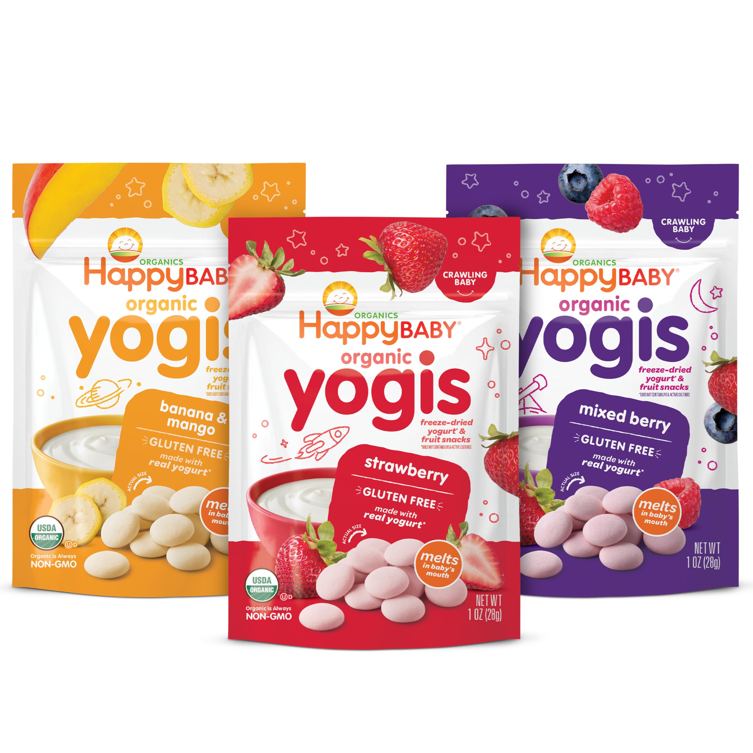 Organic Baby Food Happy Yogis Yogurt Snacks-Banana Mango, Mixed Berry, and Straw
