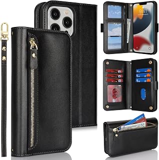 for iPhone 13 Pro Max Phone Case with Card Holder for Women Men,Phone Case Wallet for iPhone 12 Pro Max,Wrist Strap PU Leather Zipper Credit Card Slots Flip Cover,Black