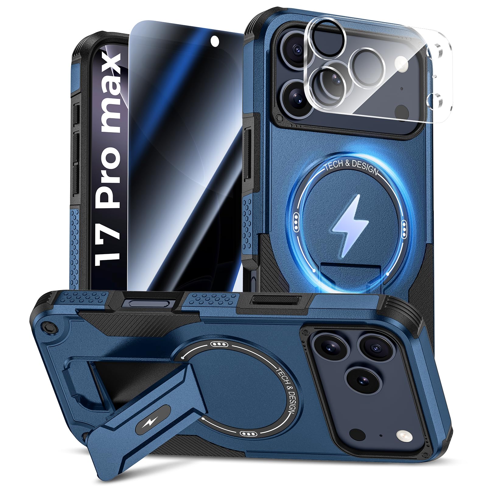 Goton 3 in 1 for iPhone 17 Pro Max Case with Privacy Screen Protector Blue | Gla