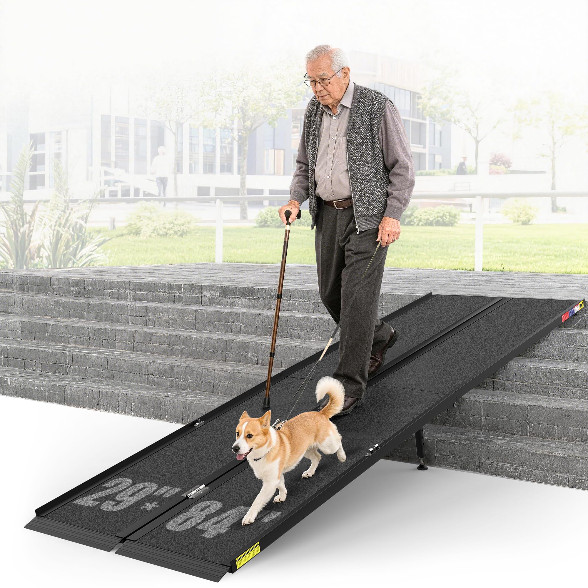 7FT Folding Wheelchair Ramp with Support Legs, Non-Slip 800LBS for Steps | Foldi