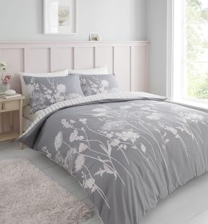 Catherine Lansfield Meadowsweet Floral Reversible Duvet Cover Set with Pillow Cases - Grey Pink