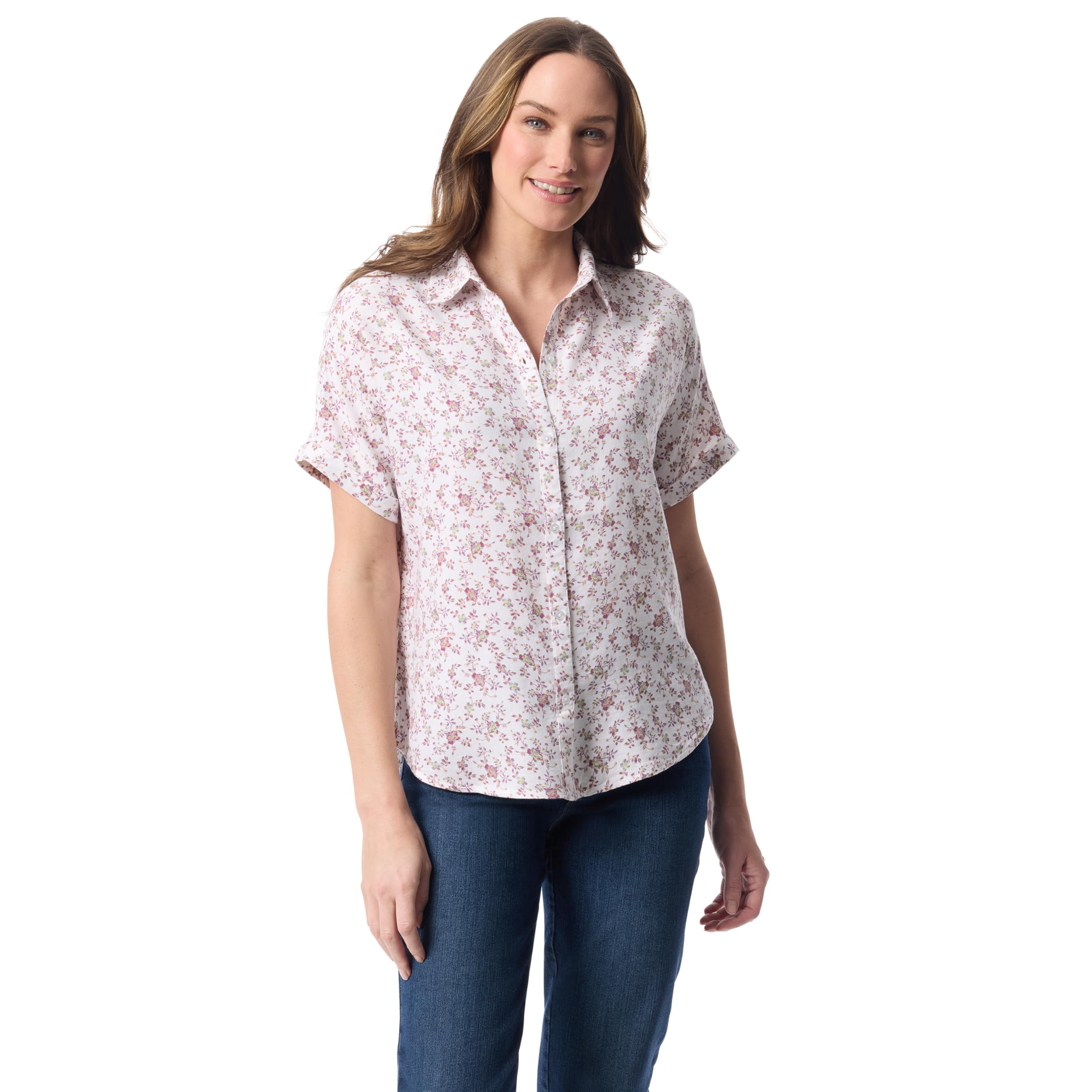 Gloria Vanderbilt Women's Daisy Short Sleeve High-Low Button Down Shirt Standard