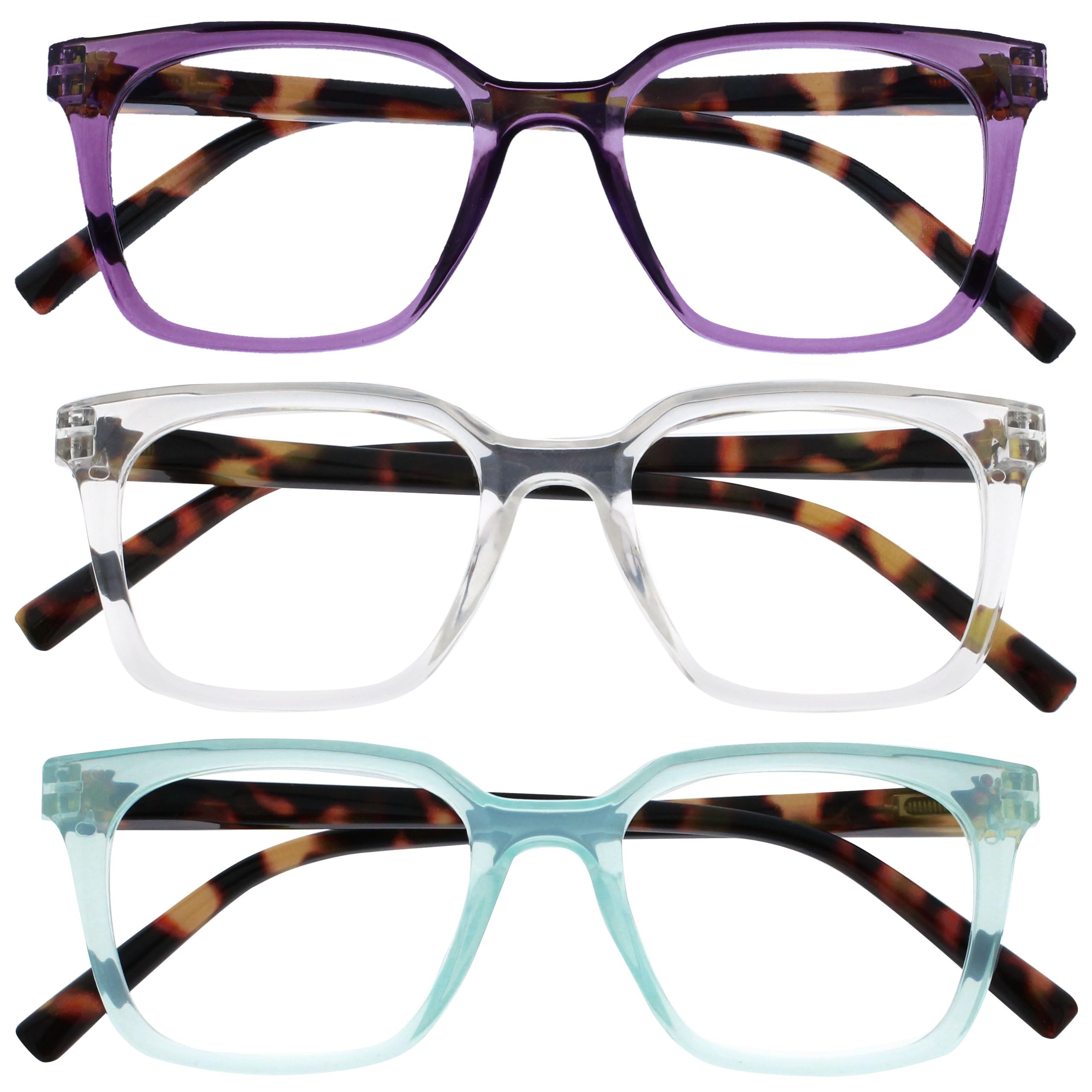 OPULIZE KOI Reading Glasses 3 Pack - Large Rectangular Frame - Purple-Aqua-Clear