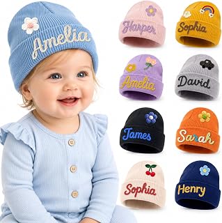 Custom Baby Beanie Hat, 18 Colors Embroidered Name Knit Hat for Kids Adults | Personalized Newborn Beanie Hat for Toddler Boys Girls, Winter Knit Hats for Infants, Warm Knit Hat Christmas Baby Gifts