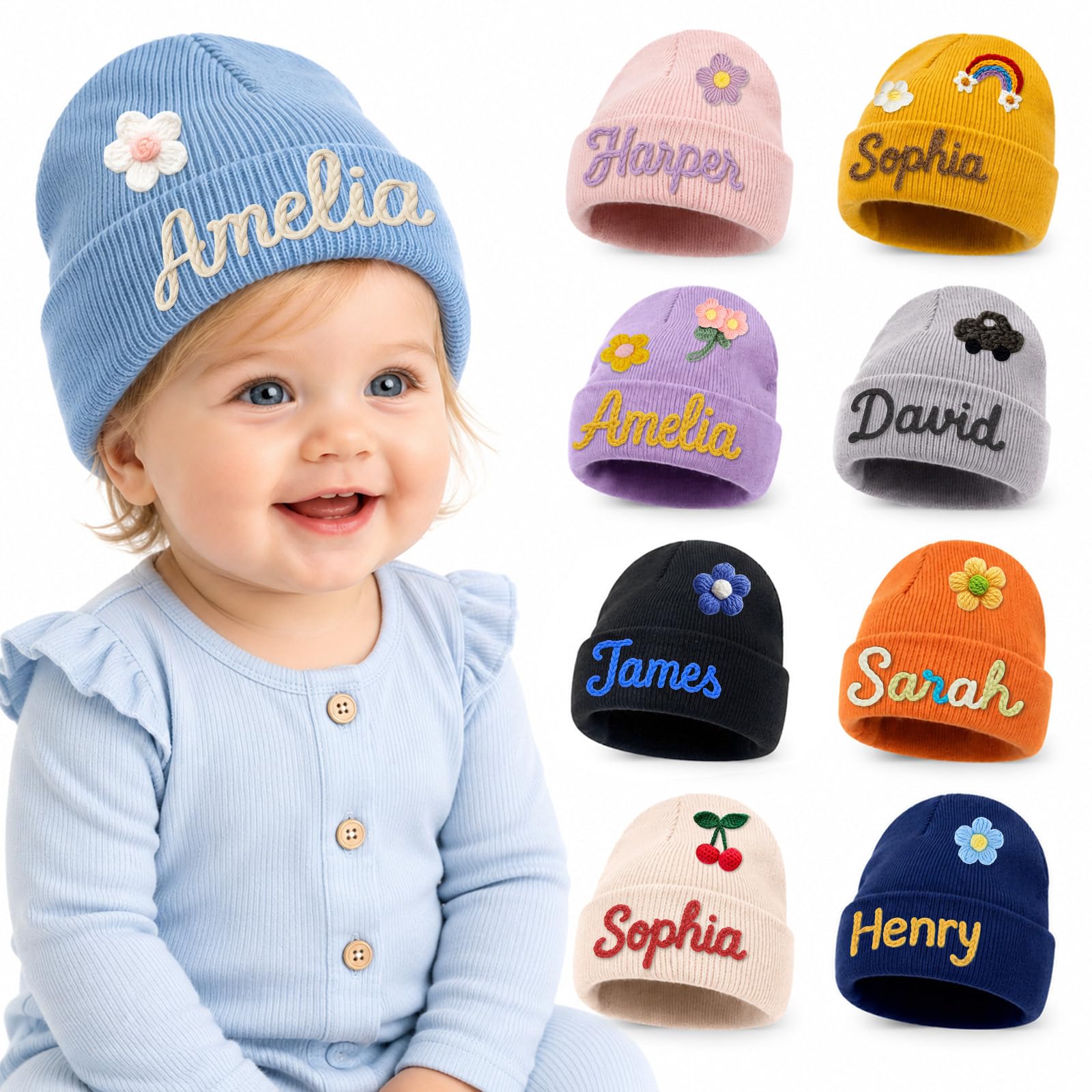 Custom Baby Beanie Hat, 18 Colors Embroidered Name Knit Hat for Kids Adults | Pe