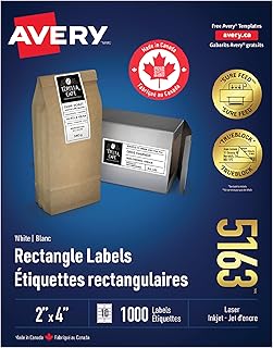 Avery TrueBlock Shipping Labels for Inkjet/Laser Printers, 2" x 4", White, Rectangle, 1000 Labels, Permanent (5163) Made in Canada